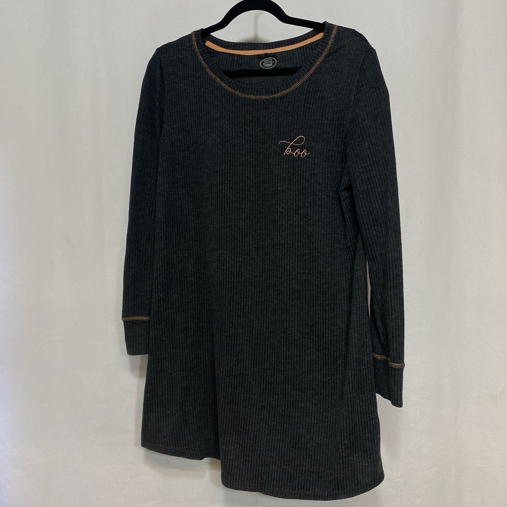 Laura Ashley Sleep Shirt Women Medium Gray Ribbed Embroidered Boo Nightgown PJs